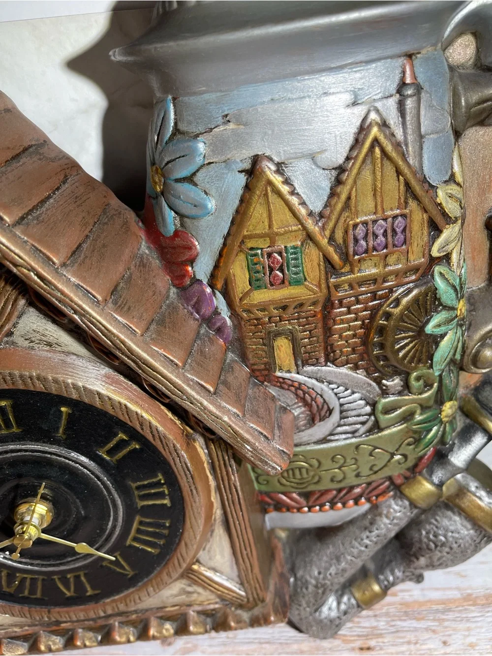 German Alpine Chalet Beer Stein Ceramic Grandfather Clock Vintage